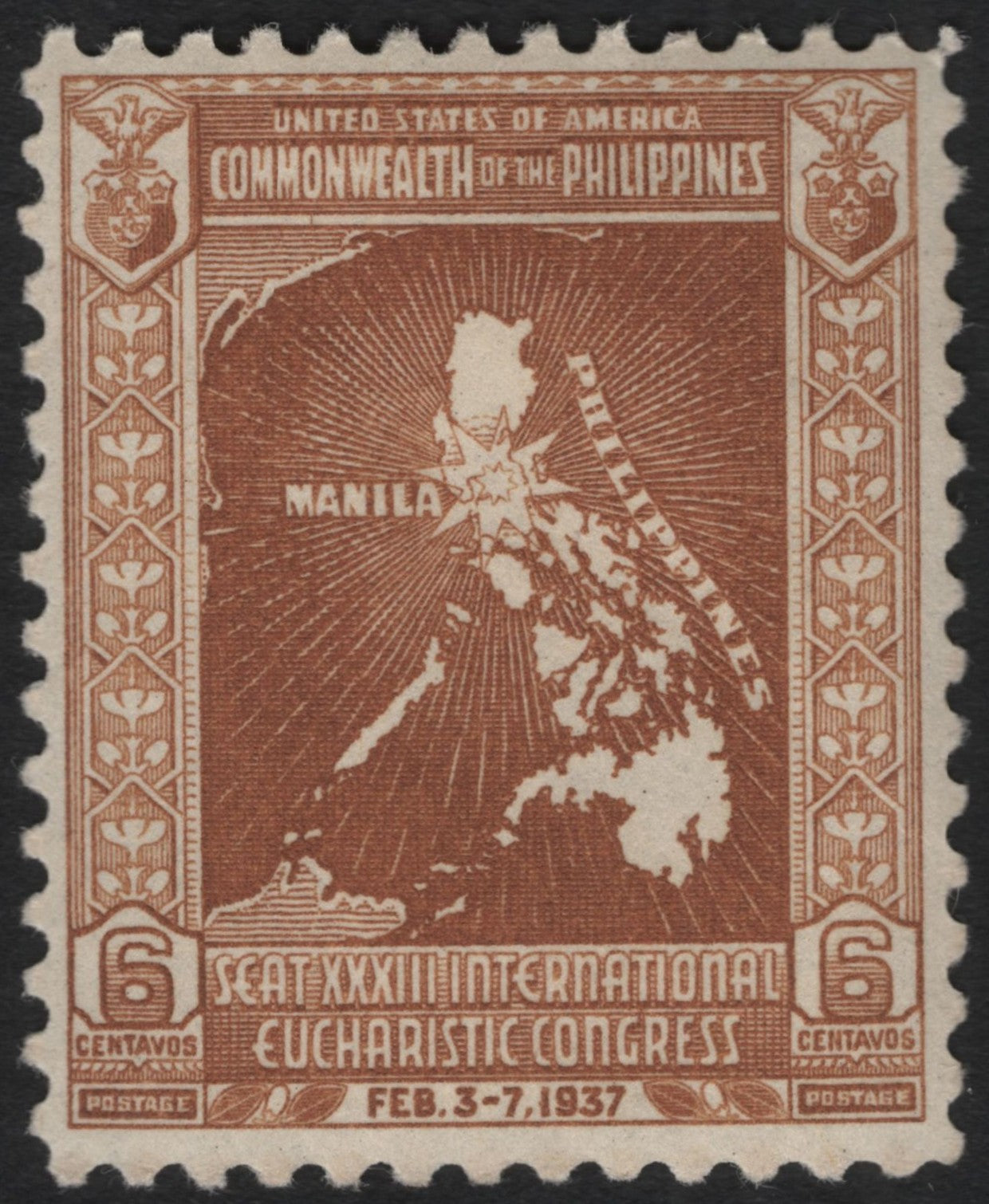 SCG9384 - Philippines 1937 6c International Eucharistic Congress – Manila Radiating Map Issue