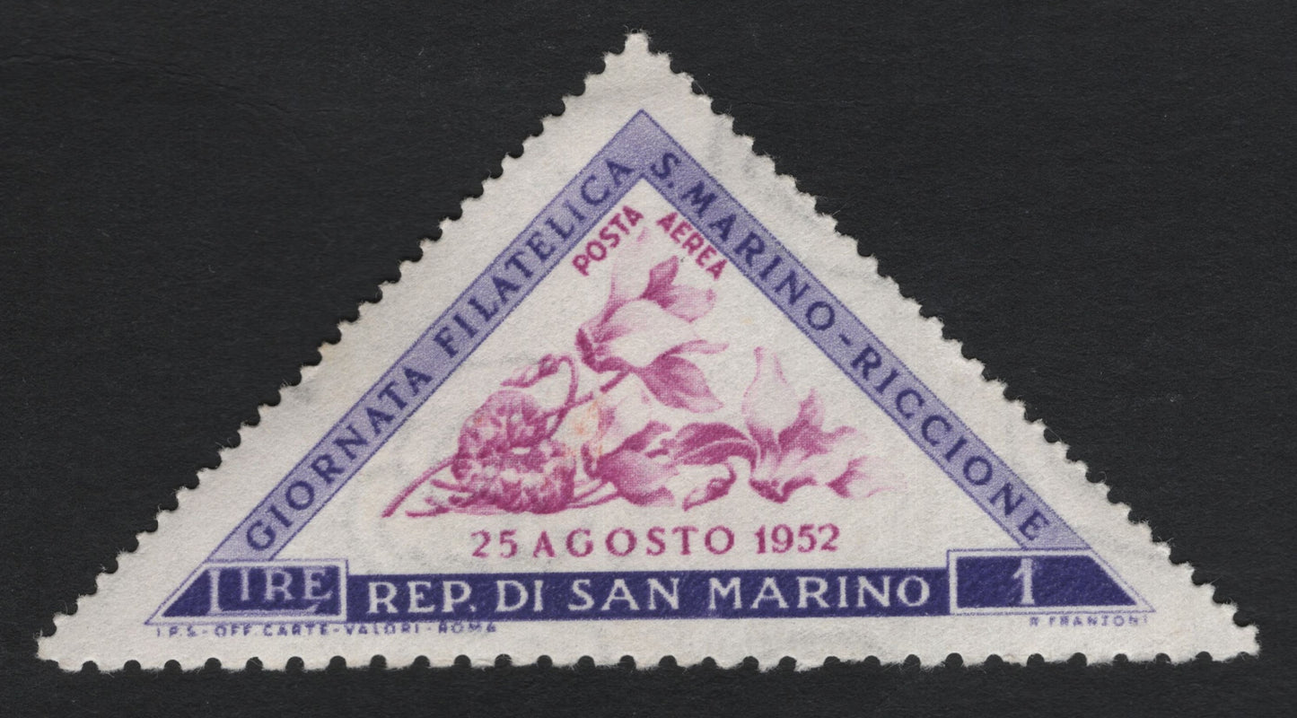 SCG9783 - San Marino 1952 “Giornata Filatelica S. Marino–Riccione” Airmail – 1 Lira Triangular