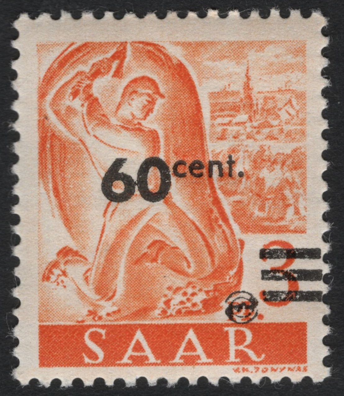 SCG9365 - Saar 1923 Overprinted 60c on 3pf – Worker with Hammer