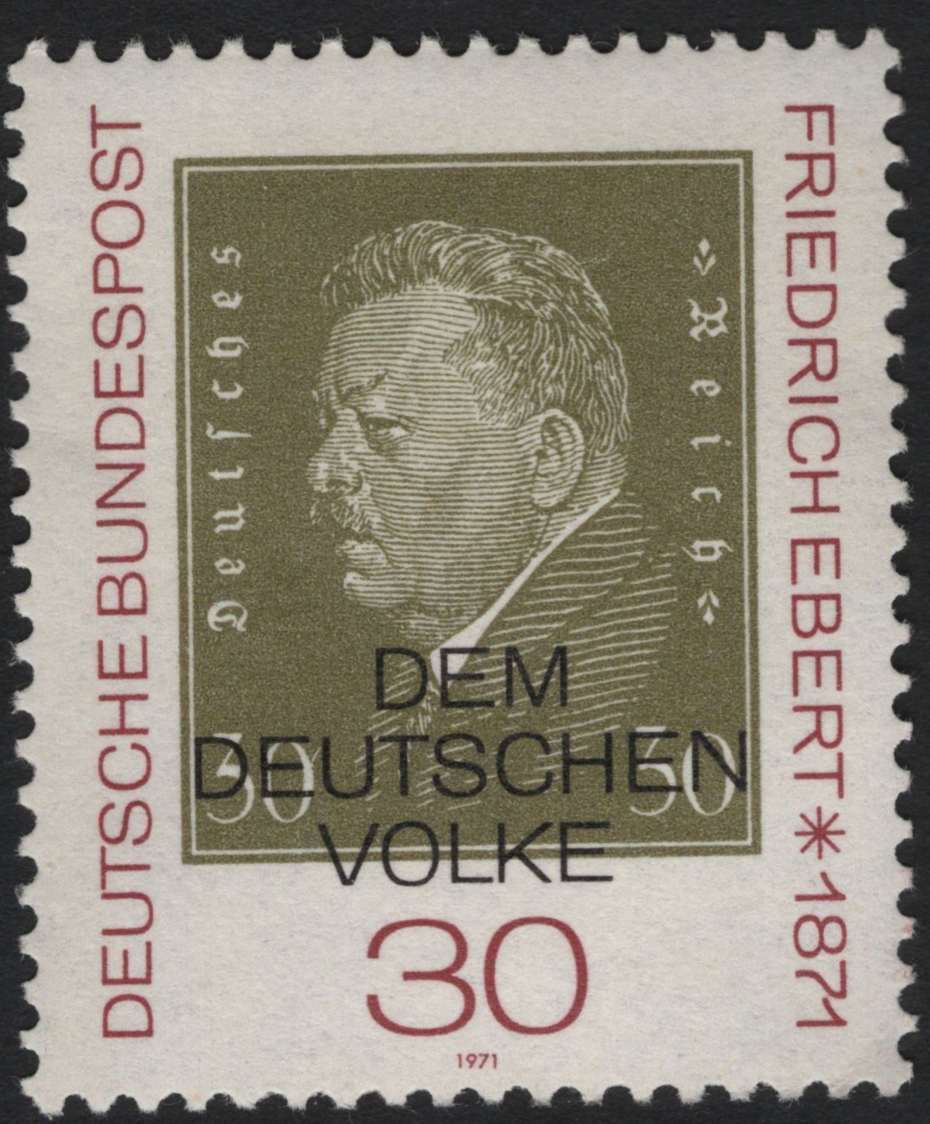 SCG8727 - Germany 1971 – Friedrich Ebert Overprint “DEM DEUTSCHEN VOLKE” (30 Pf)