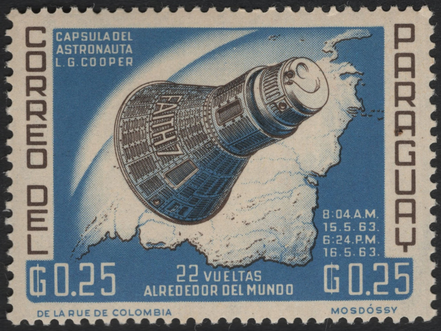 SCG9815 - Paraguay 1963 – Faith 7 Space Capsule (Astronaut L.G. Cooper) – 22 Orbits Around the World – 0.25₲