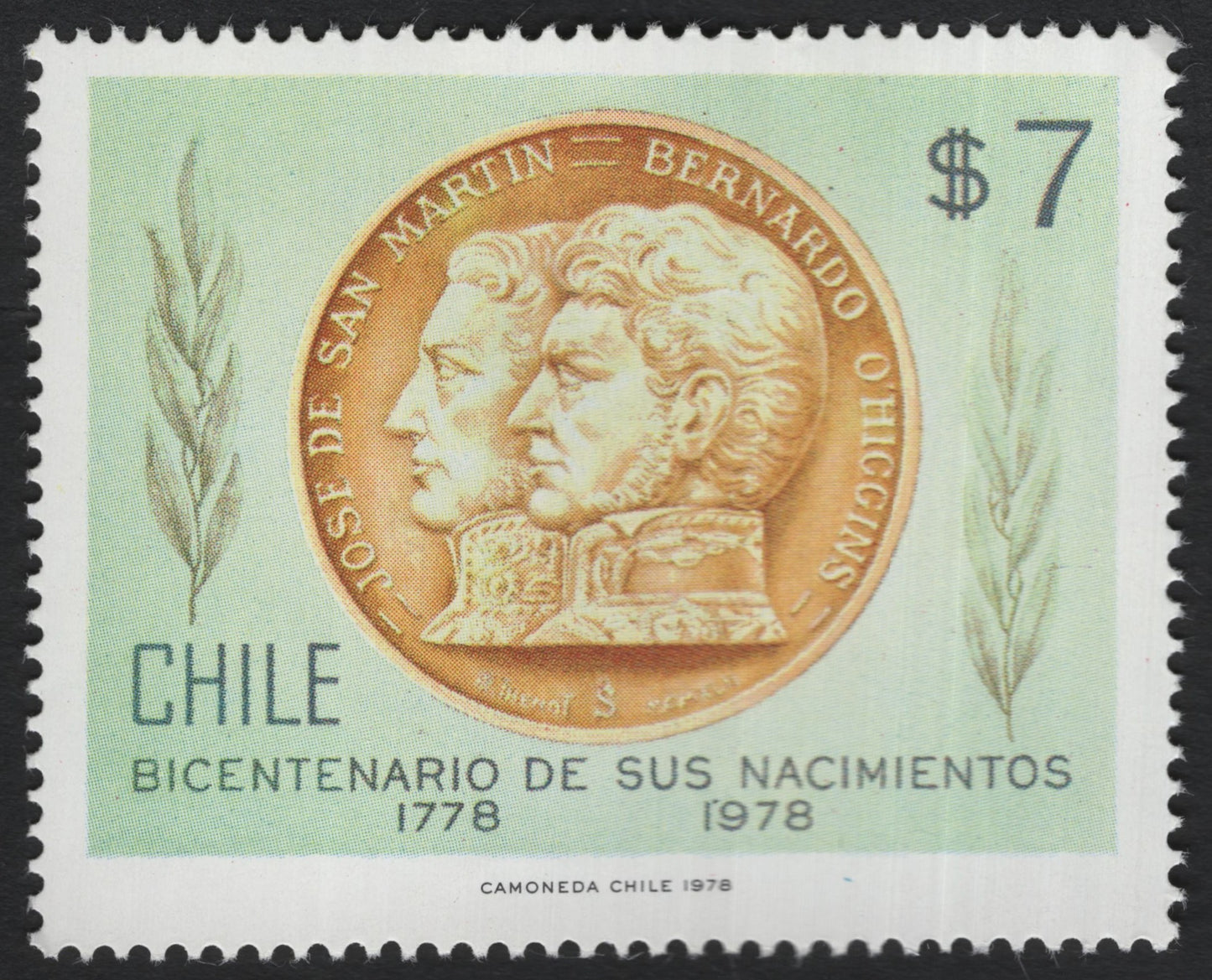SCG8803 - Chile 1978 – Bicentenario de Sus Nacimientos: San Martín & O’Higgins ($7)