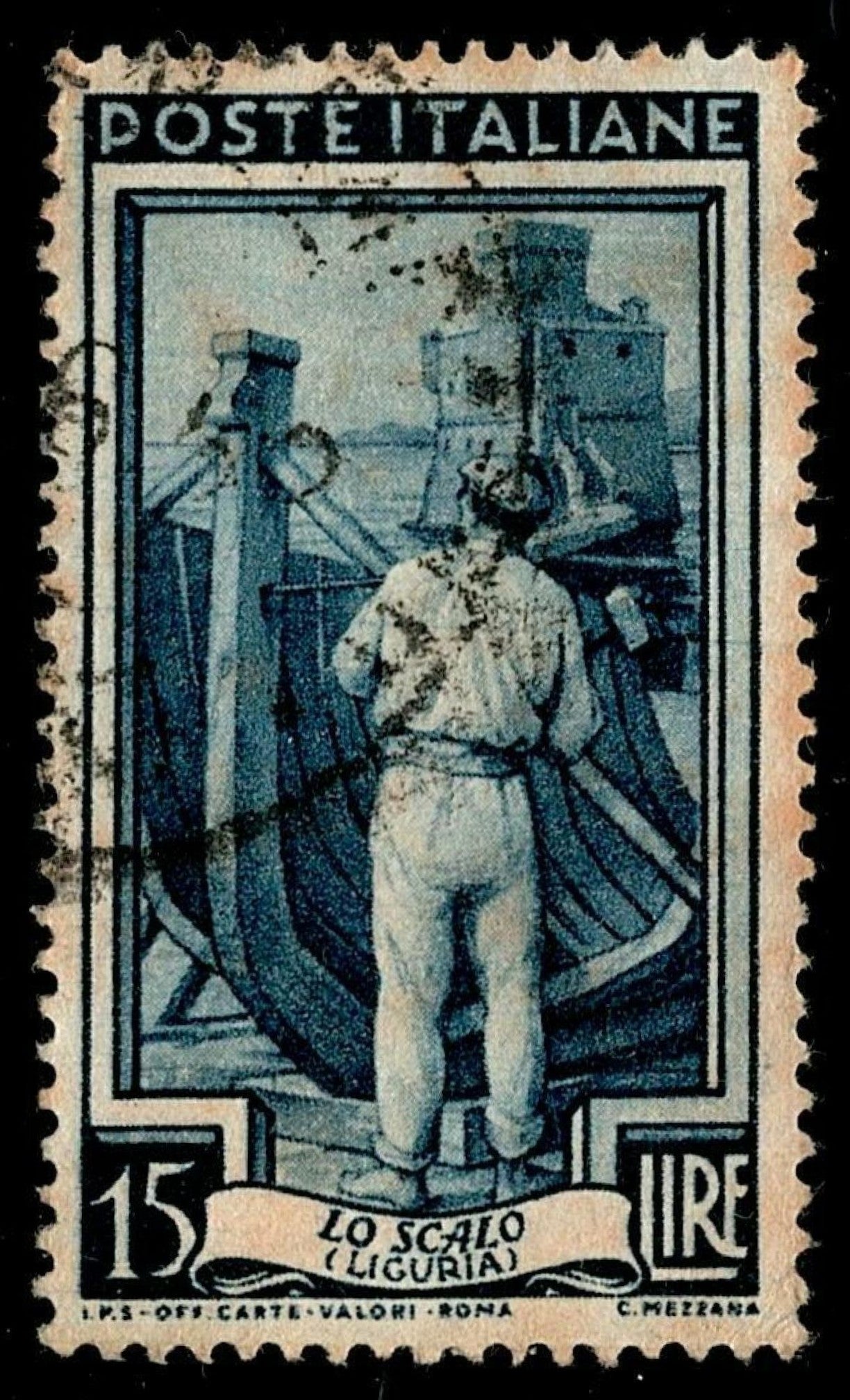 SCG676 - Italian Shipyard Scene 15 Lire Stamp – Liguria