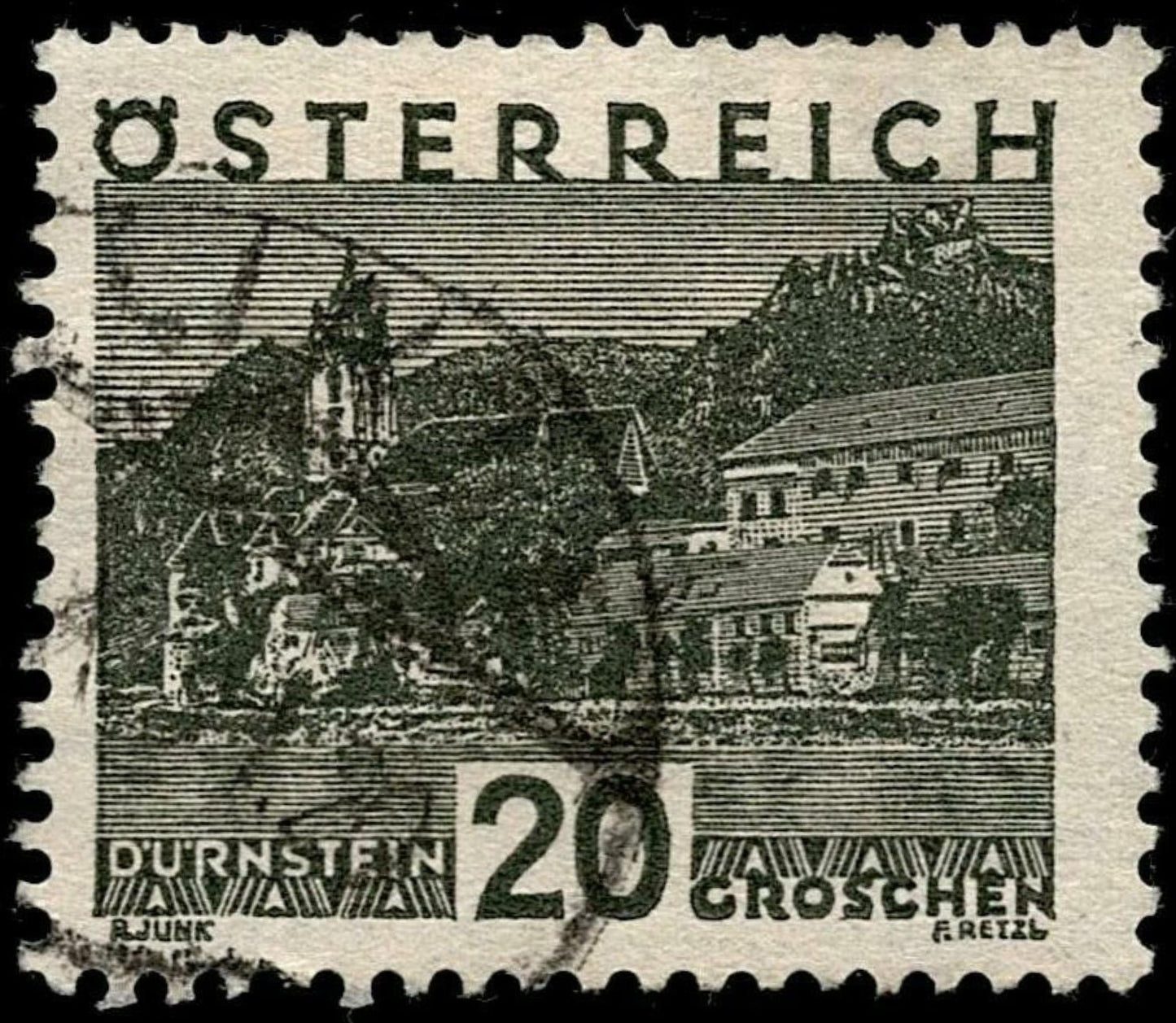 SCG680 - Austria 20 Groschen Dürnstein Scenic View Stamp (Used)