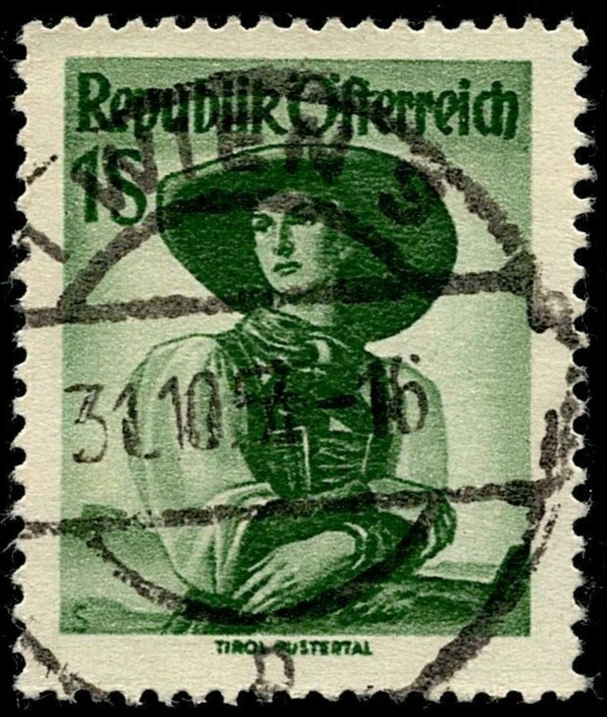 SCG669 - Austria 15 Groschen Tyrolean Woman Stamp (Used) – Tirol National Costume