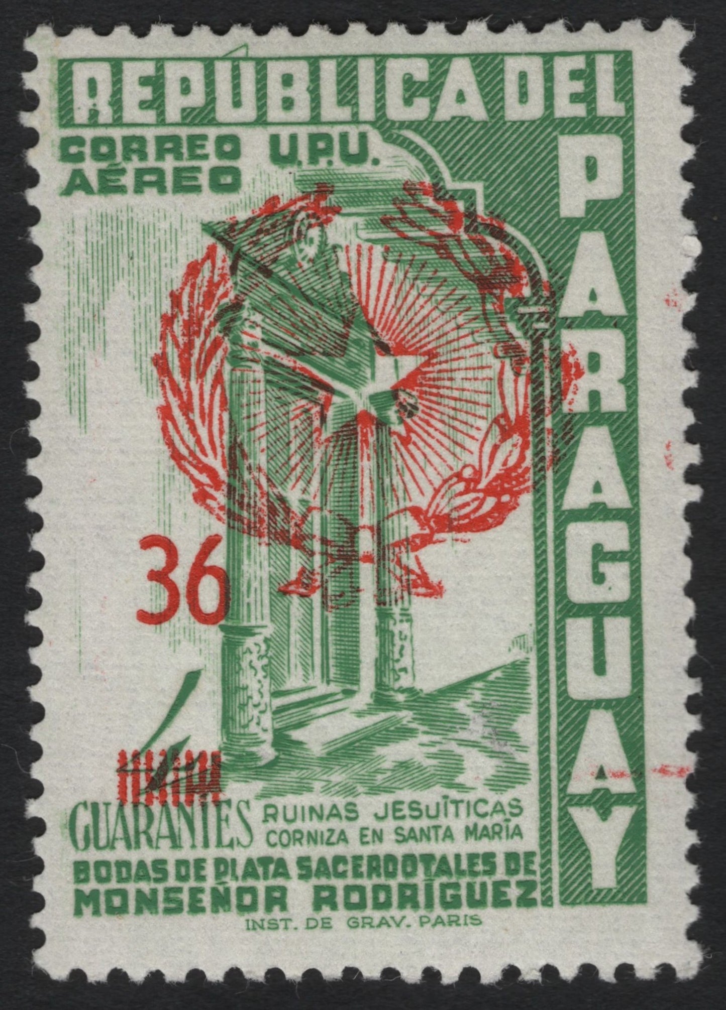 SCG9750 - Paraguay – Airmail “Ruins of Jesuit Mission of Santa María” with Red Surcharge (36 Gs), c.1950s
