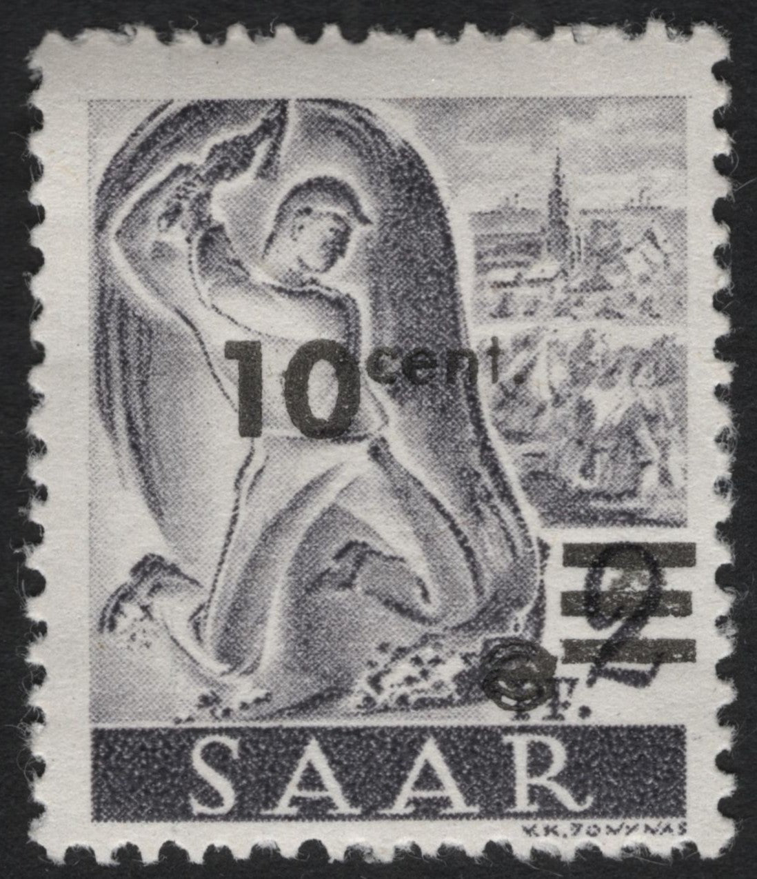 SCG9580 - Saar 1947 – 10c Surcharge on 3fr Worker Statue (Coal Miner) – French Administration