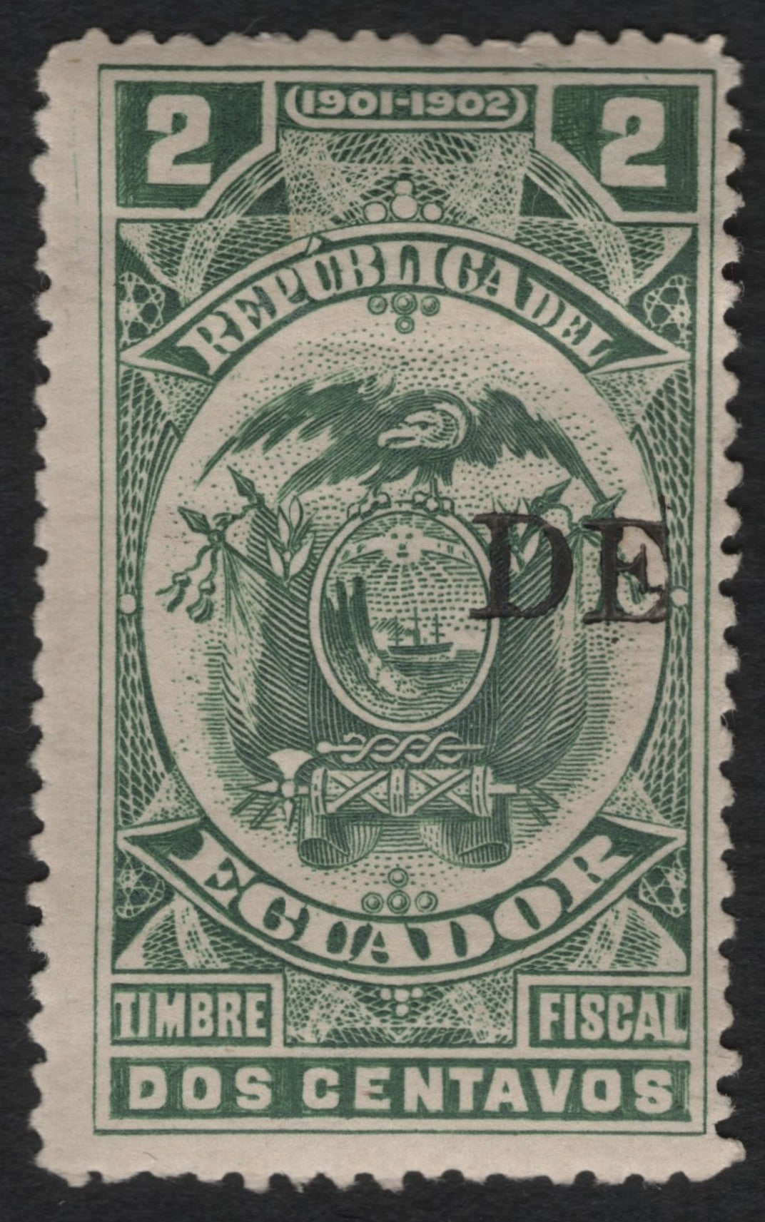 SCG9604 - Ecuador 1901–1902 Fiscal Timbre Fiscal 2 Centavos – “DE” Black Overprint Variety