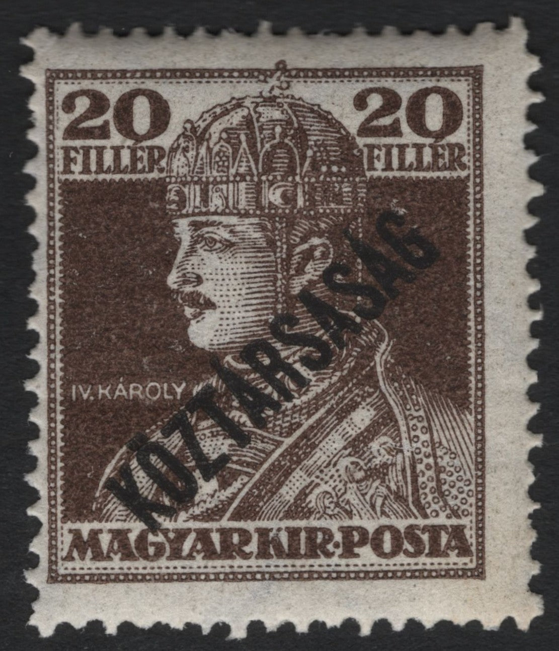 SCG9608 - Hungary 1919 “Köztársaság” Overprint on 20 Fillér King Charles IV