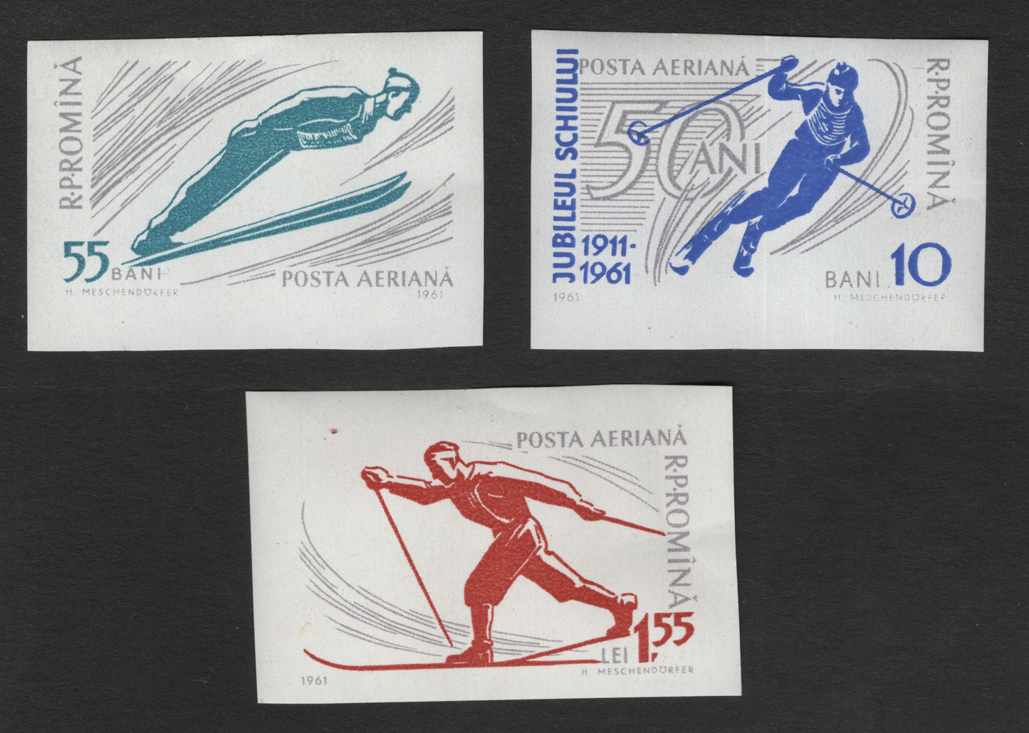 SCG11803 - Romania 1961 Winter Ski Sports Airmail Imperforate Set (3 Stamps)
