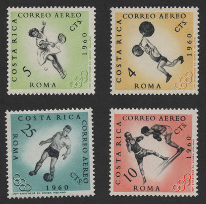 SCG262 - 1960 Costa Rica Olympic Airmail Stamp Set – Rome Games (Boxing, Tennis, Football, Weightlifting)