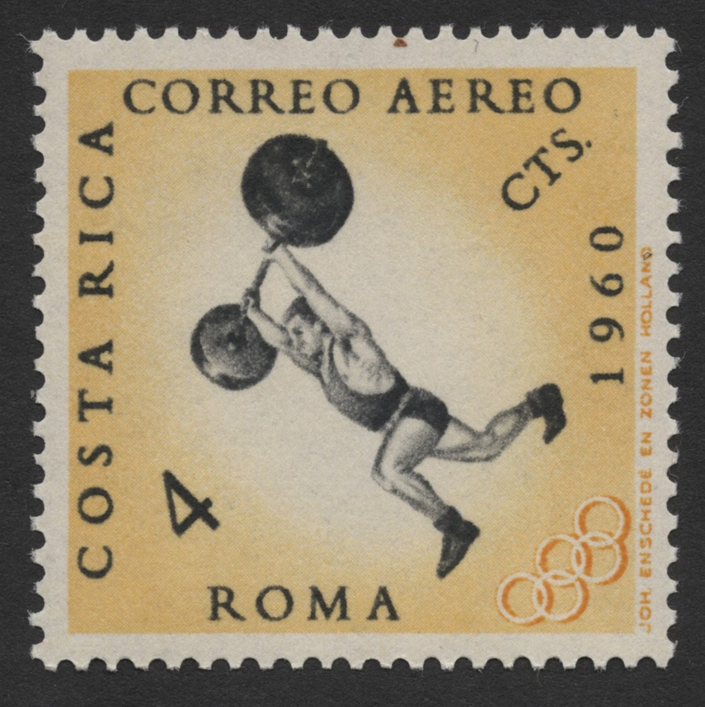 SCG262 - 1960 Costa Rica Olympic Airmail Stamp Set – Rome Games (Boxing, Tennis, Football, Weightlifting)