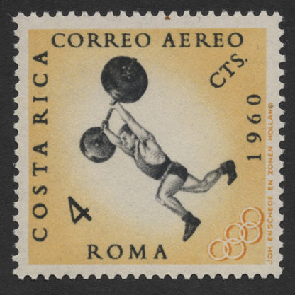 SCG262 - 1960 Costa Rica Olympic Airmail Stamp Set – Rome Games (Boxing, Tennis, Football, Weightlifting)