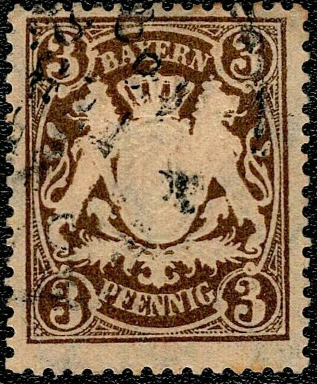 SCG642 - Bavaria 3 Pfennig Coat of Arms Stamp (Used) – Brown