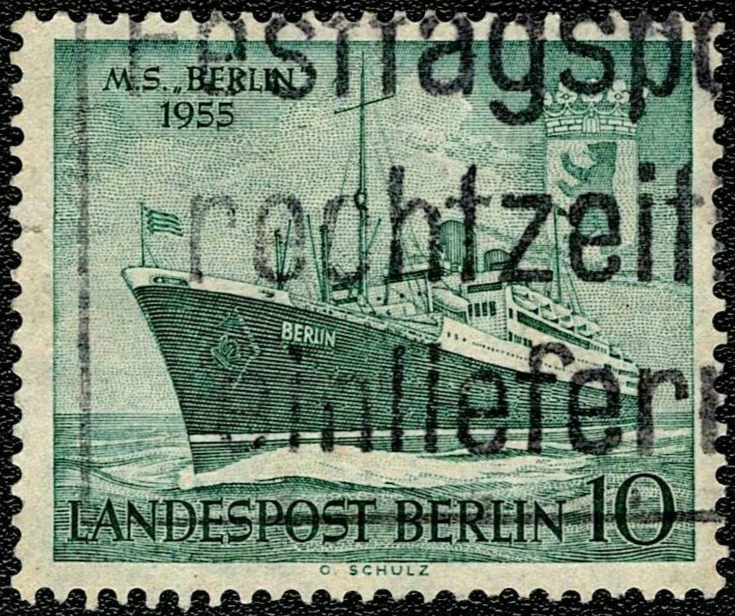 SCG623 - Germany 1955 10 Pfennig M.S. Berlin Ship Used Stamp