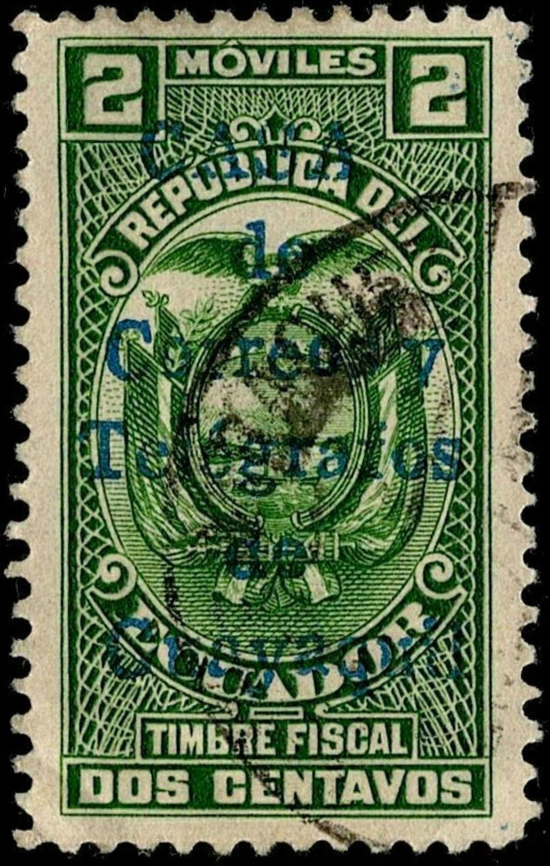 SCG654 - Ecuador 2 Centavos Fiscal Stamp (Used) – Overprint for Postal Use