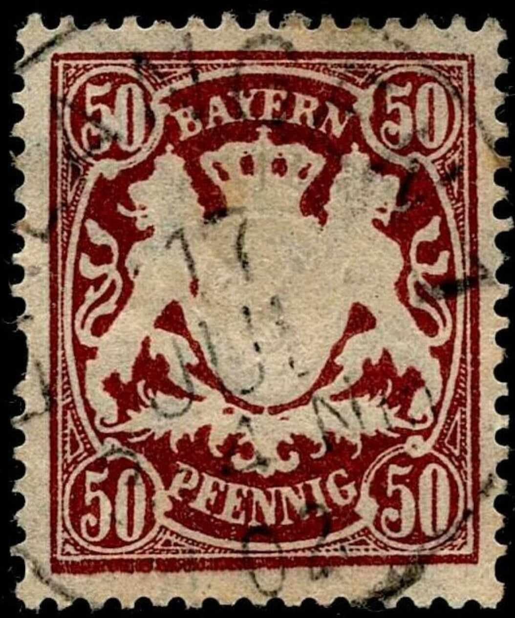 SCG664 - Bavaria 50 Pfennig Coat of Arms Stamp (Used) – Dark Red