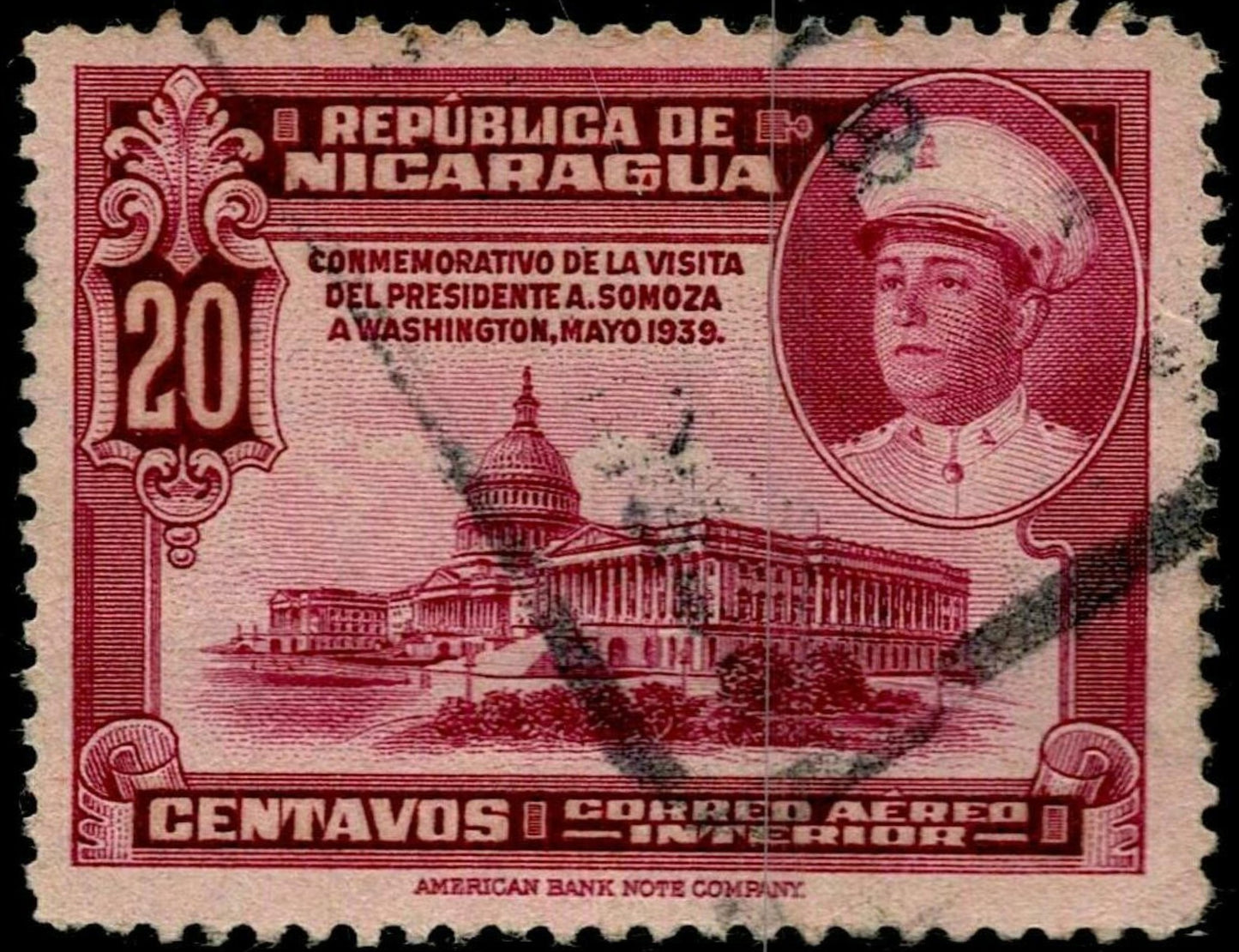 SCG648 - 1939 Nicaragua 20 Centavos Airmail Stamp (Used) – Somoza Visit to Washington
