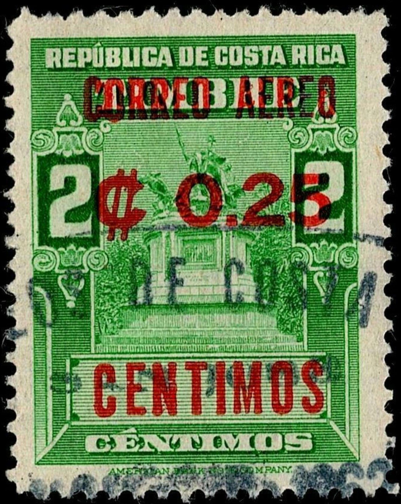 SCG650 - Costa Rica Airmail Overprint Stamp (Used) – 2 Centimos Revalued to 0.25