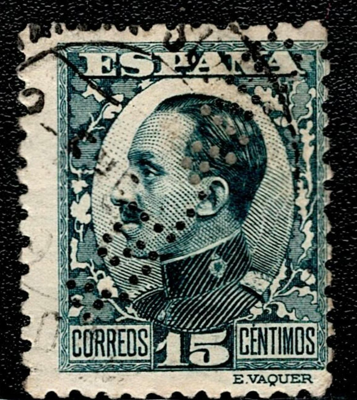 SCG147 Spanish 15c King Alfonso XIII Stamp with Perfin – Green Correos Issue -  Used