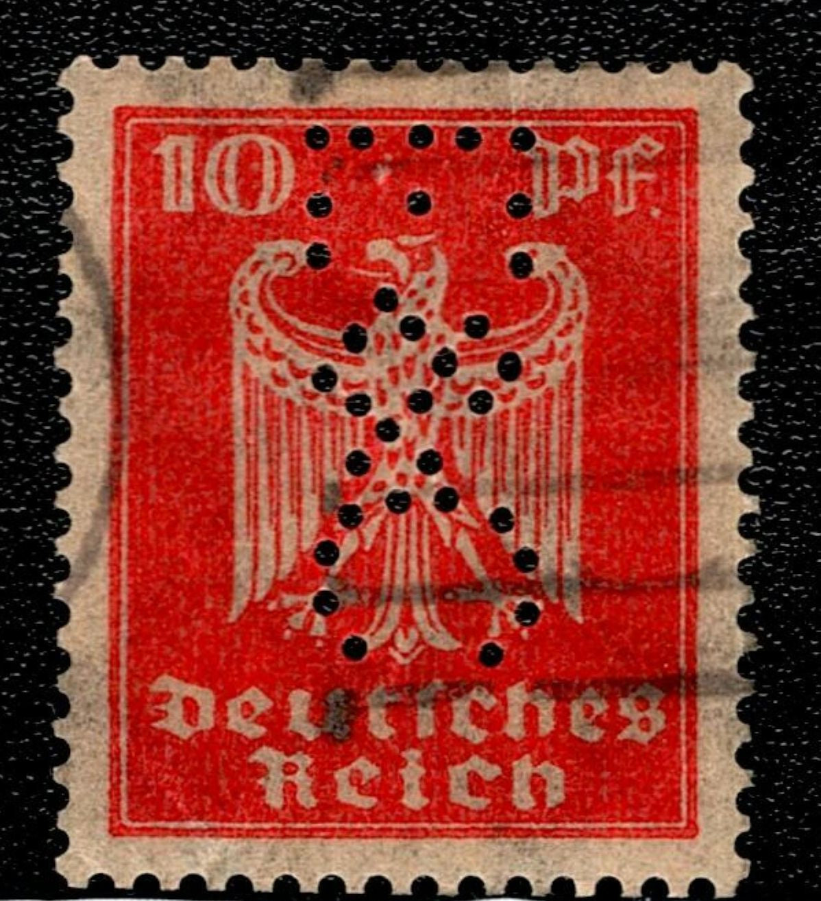 SCG148 Germany 10 Pf Deutsches Reich Perfin Stamp – Imperial Eagle Design – Used