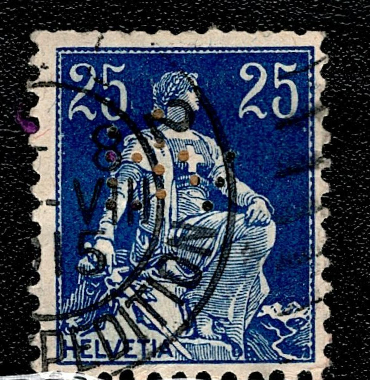 SCG138 Switzerland 25c Helvetia Seated Perfin Stamp – Used Blue Issue