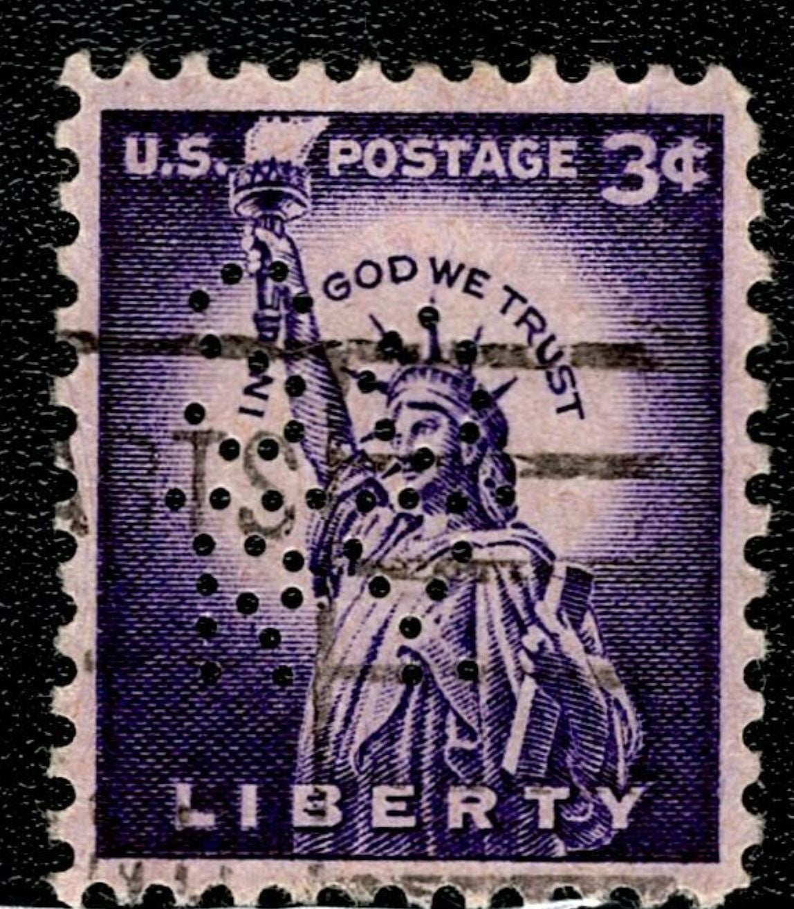 SCG139 U.S. 3¢ Liberty Perfin Stamp – Statue of Liberty with “In God We Trust” – Used
