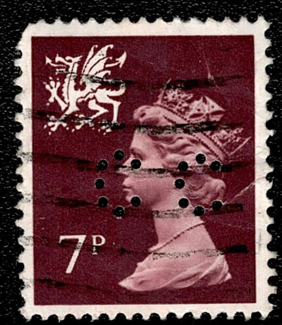 SCG141 UK 7p Queen Elizabeth II Perfin Stamp – Red Dragon of Wales Emblem - Used