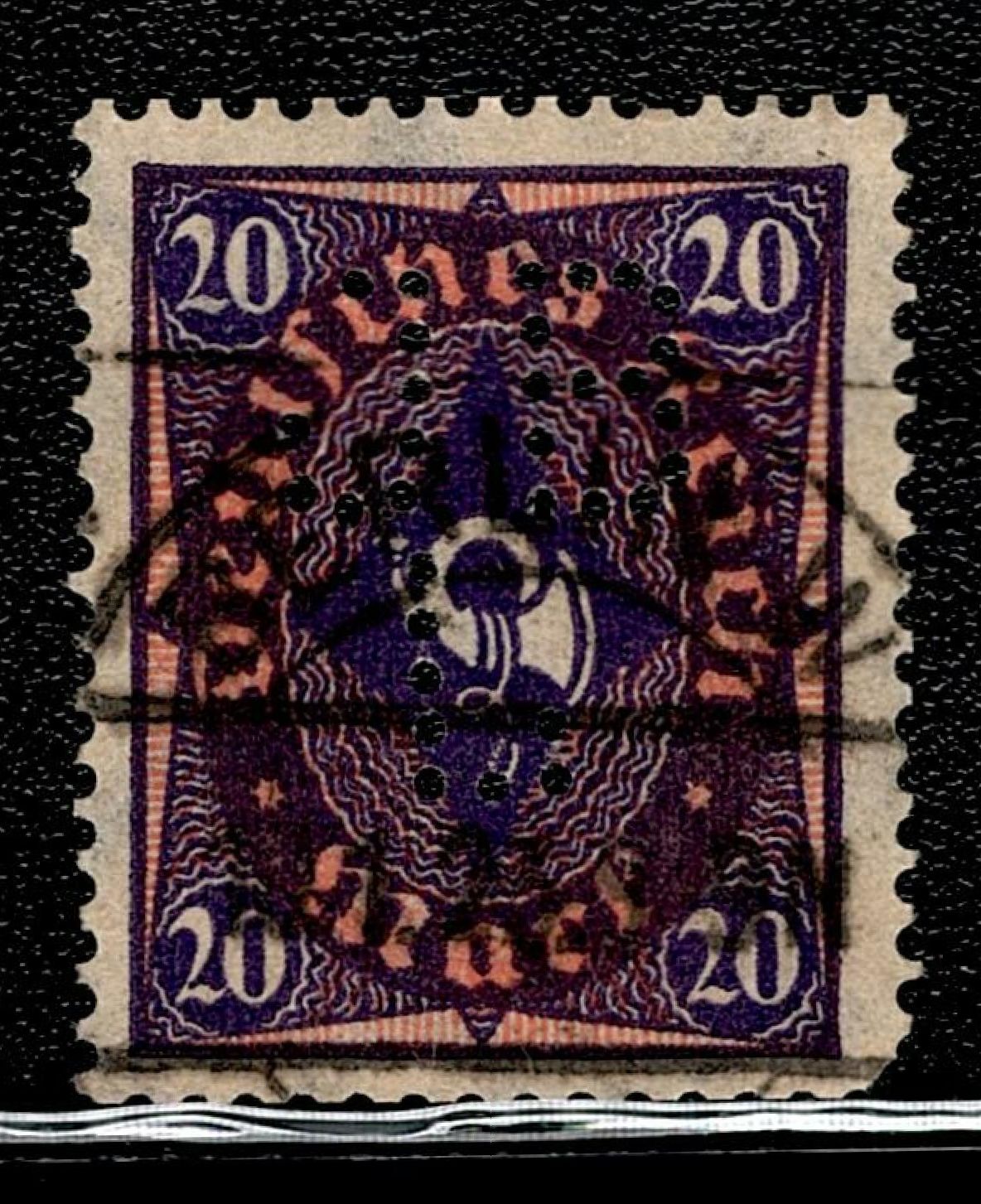 SCG142 German Empire 20 Pf Purple & Orange Perfin Stamp – Germania Eagle Design – Used