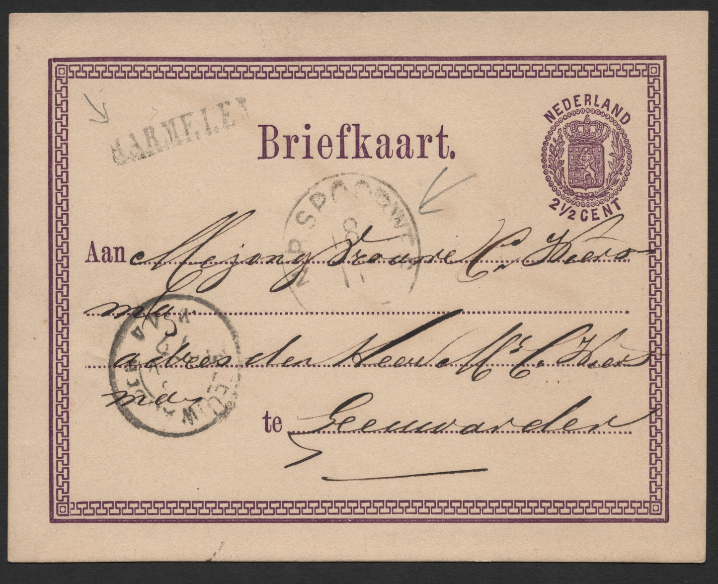 SCG185 Netherlands 2½ Cent Purple Postal Card – Briefkaart with Handwritten Script