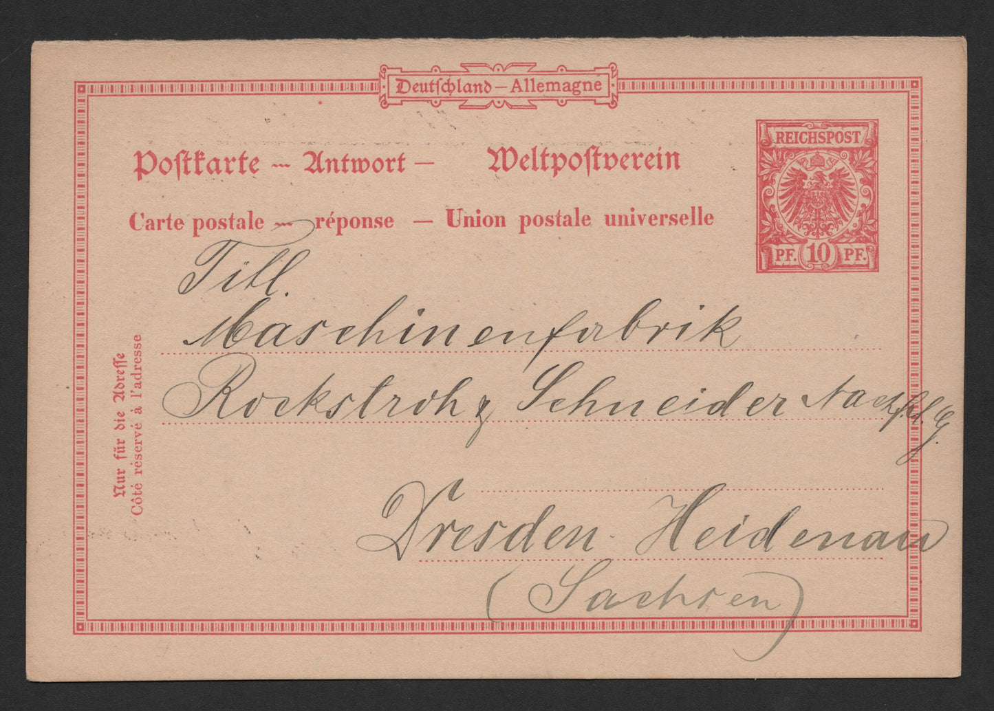 SCG186 German Reichspost 10 Pfennig Reply Postcard – Addressed to Dresden-Heidenau (1890s)