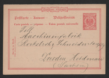 SCG186 German Reichspost 10 Pfennig Reply Postcard – Addressed to Dresden-Heidenau (1890s)