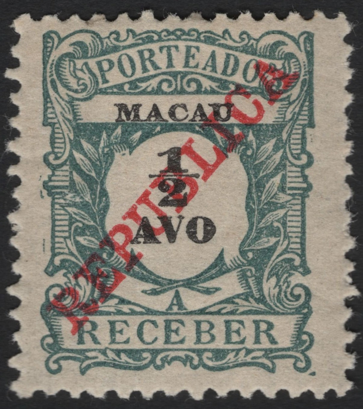 SCG9892 - Macau – 1913–14 “REPÚBLICA” Overprint Postage Due – ½ Avo (Green Frame, Red Diagonal OP)