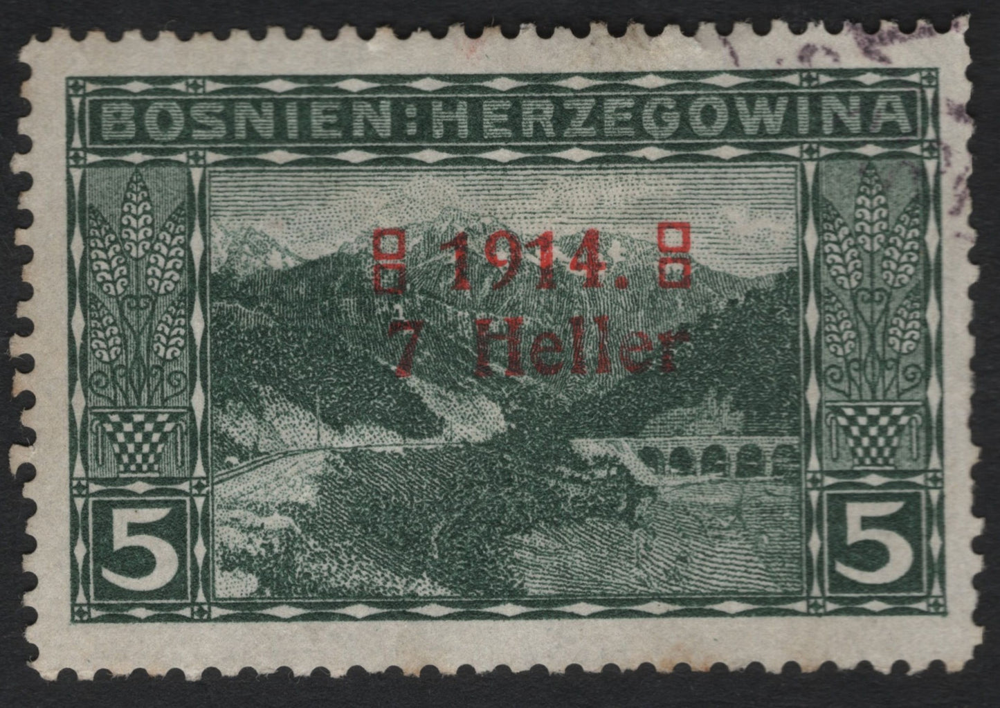 SCG8872 - Bosnia & Herzegovina 1914 – Red “8 1914 8 / 7 Heller” Surcharge on 5 Heller (Landscape Issue)