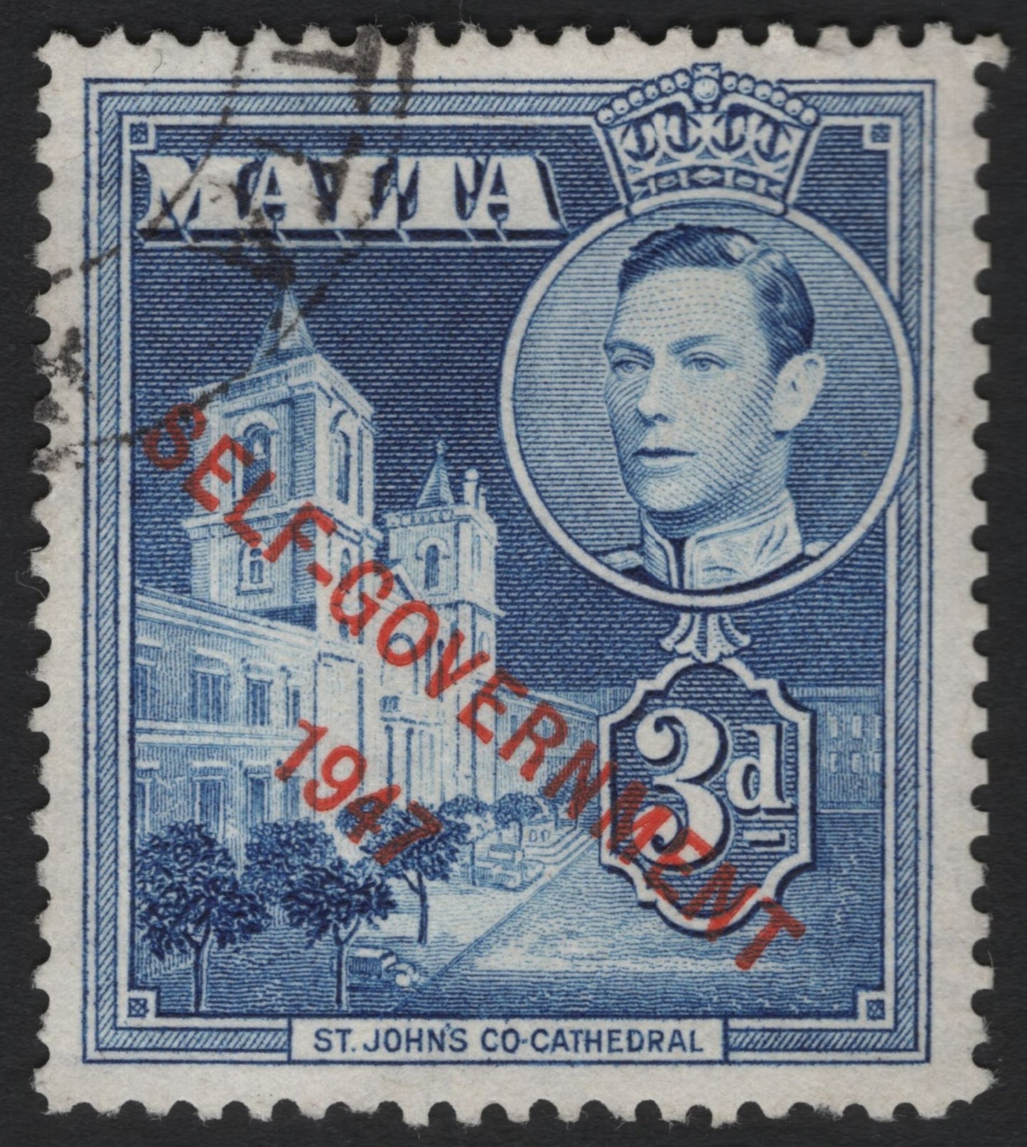 SCG8995 - Malta 1947 Self-Government Overprint – 3d Blue (King George VI)