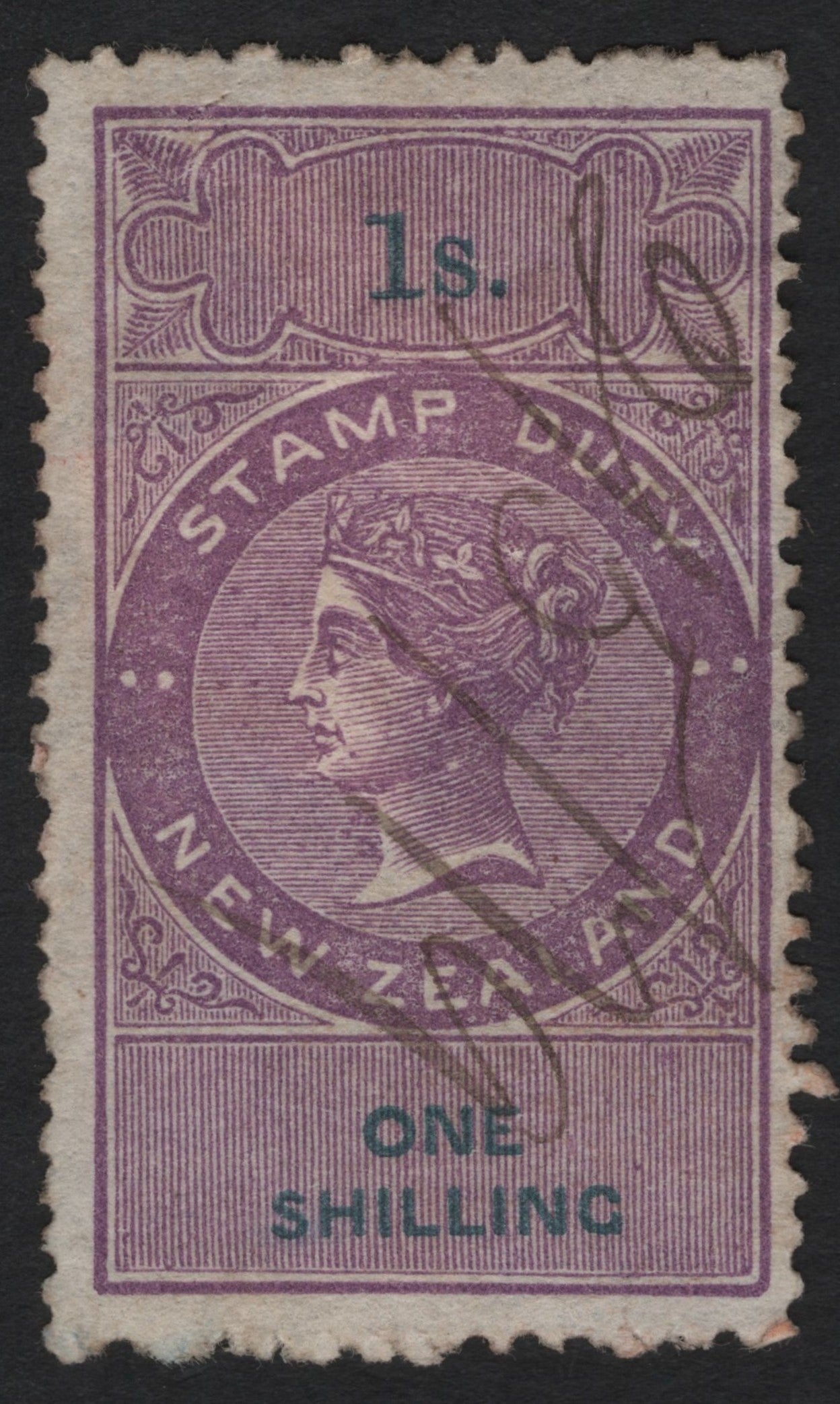 SCG8978 - New Zealand 1s Stamp Duty – Queen Victoria (Purple & Green), c.1880s–1890s