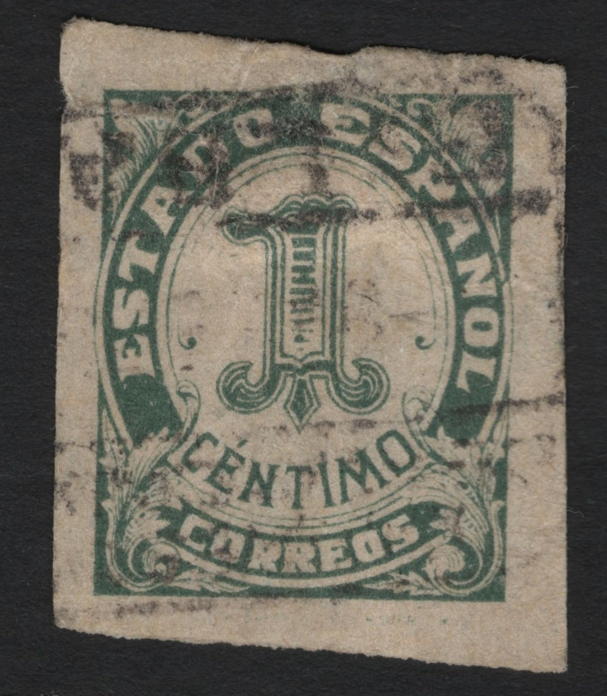 SCG8858 - Spain 1 Céntimo “Estado Español” Green – Classic Numeral Issue (1870s)