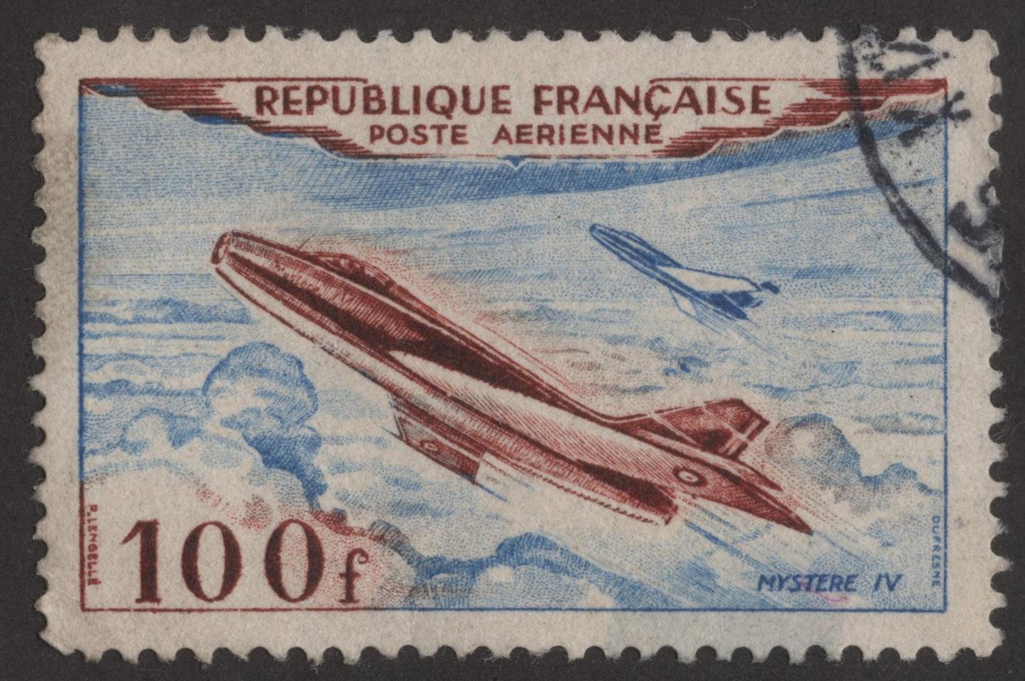 SCG244 Used France 100f Airmail Stamp – Mystère IV Jet (Poste Aérienne)