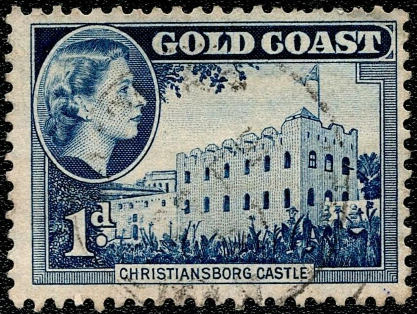SCG710 - Gold Coast 1d Castle Landmark Stamp with Queen Portrait (Used)