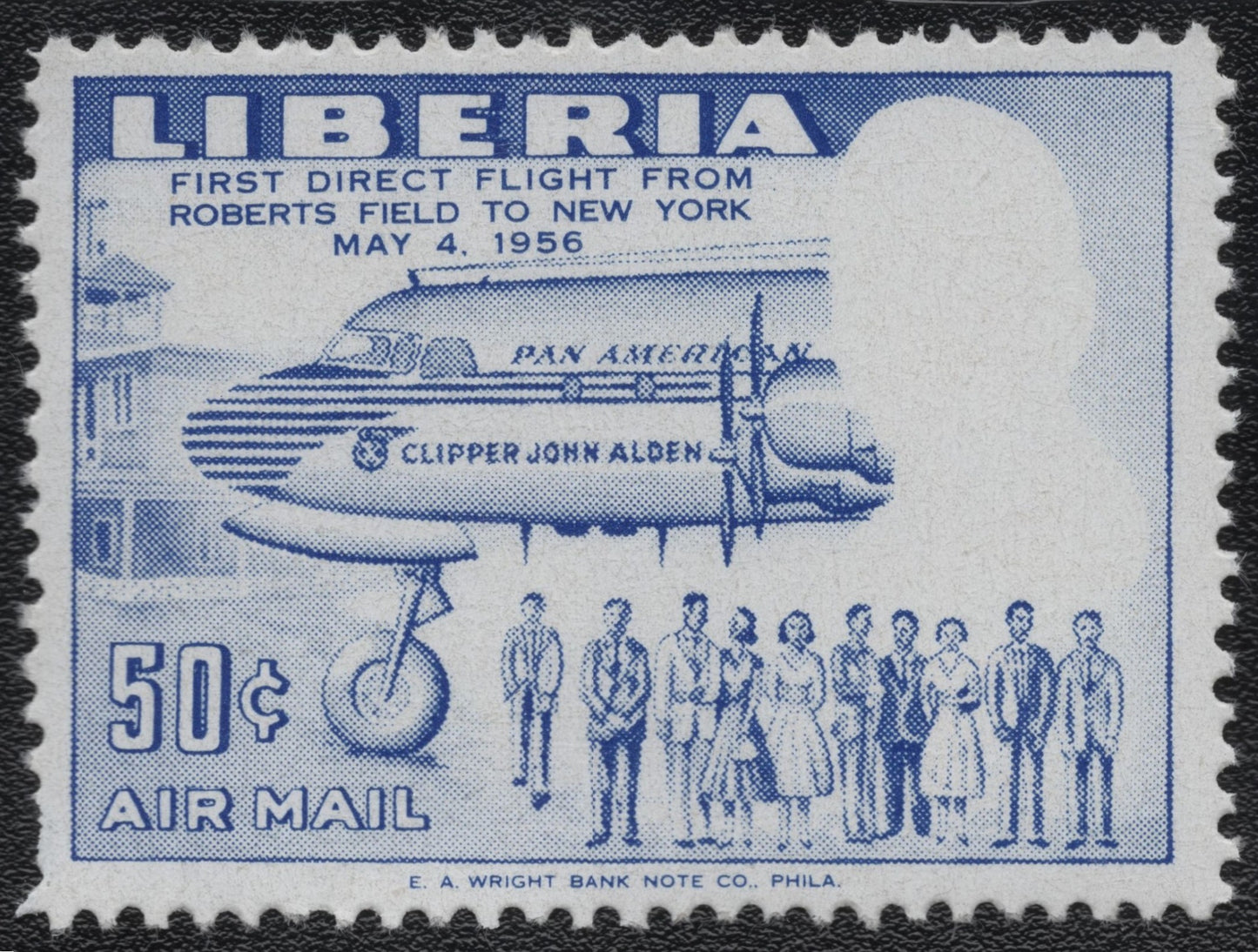 SCG956 - 1956 Liberia 50¢ Airmail Error – Clipper John Alden & Omitted Portrait