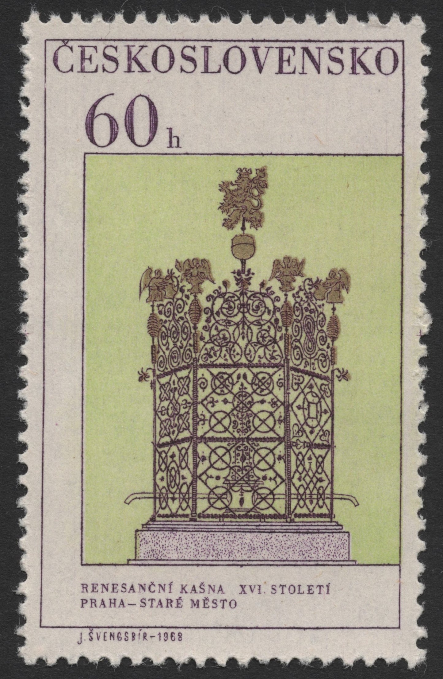 SCG969 - 1968 Czechoslovakia 60h Stamp – Renaissance Fountain, Prague