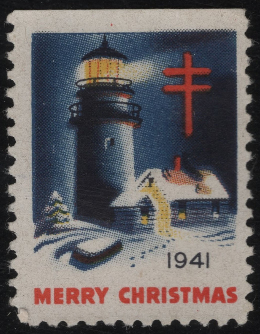 SCG1116 - 1941 Lighthouse & Cross Christmas Seal Label – “Merry Christmas”