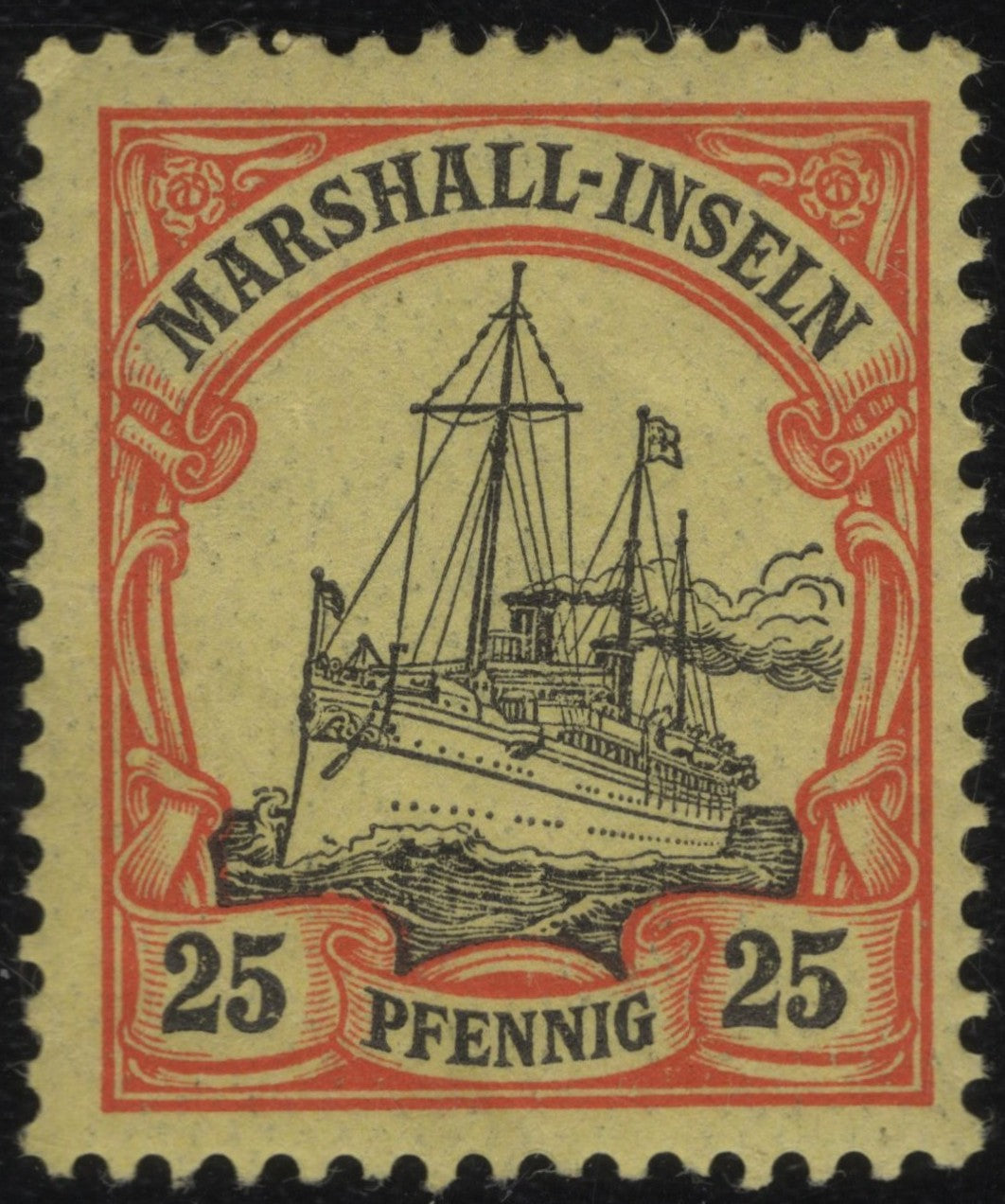 SCG1144 - Marshall Islands 25 Pfennig Ship Stamp – Red Frame on Yellowish Paper