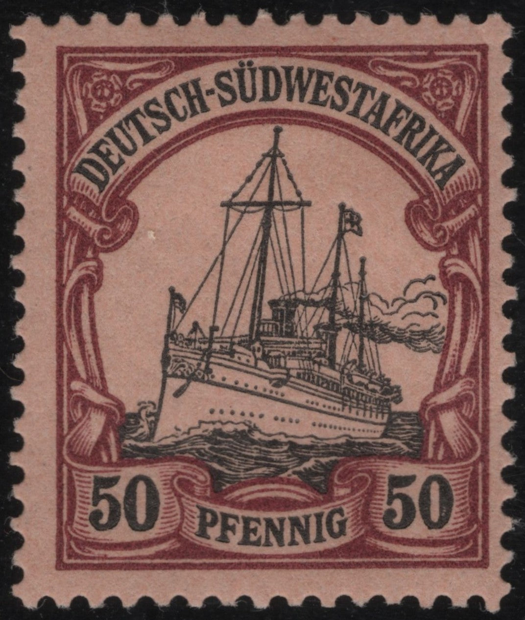 SCG1135 - German South West Africa 50 Pfennig Ship Stamp – Carmine on Rose