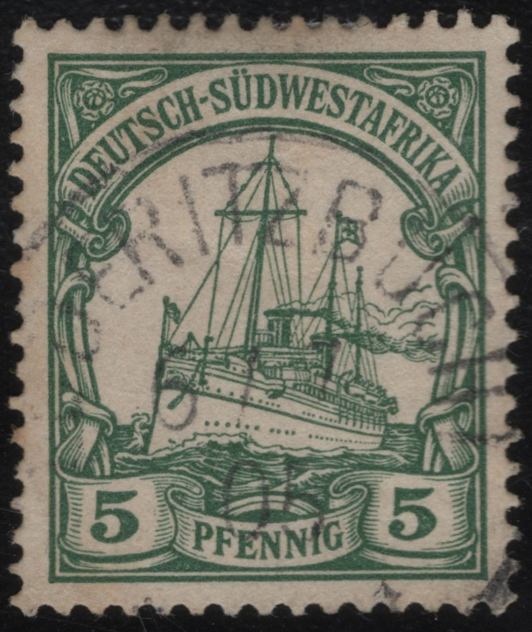 SCG1145 - German South West Africa 5 Pfennig Ship Stamp – Green (Used)