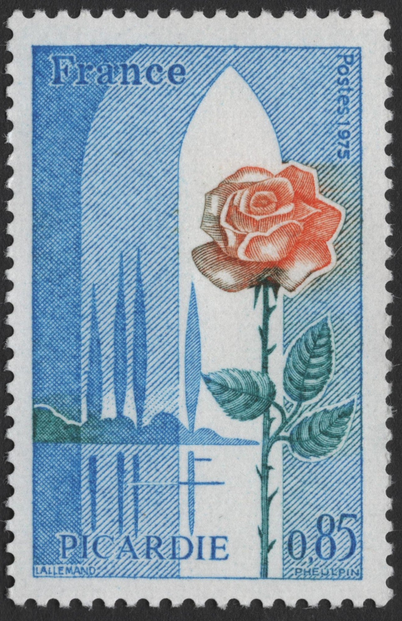 SCG1367 - France 1975 Picardie Regional Rose Stamp – 0.85 Franc