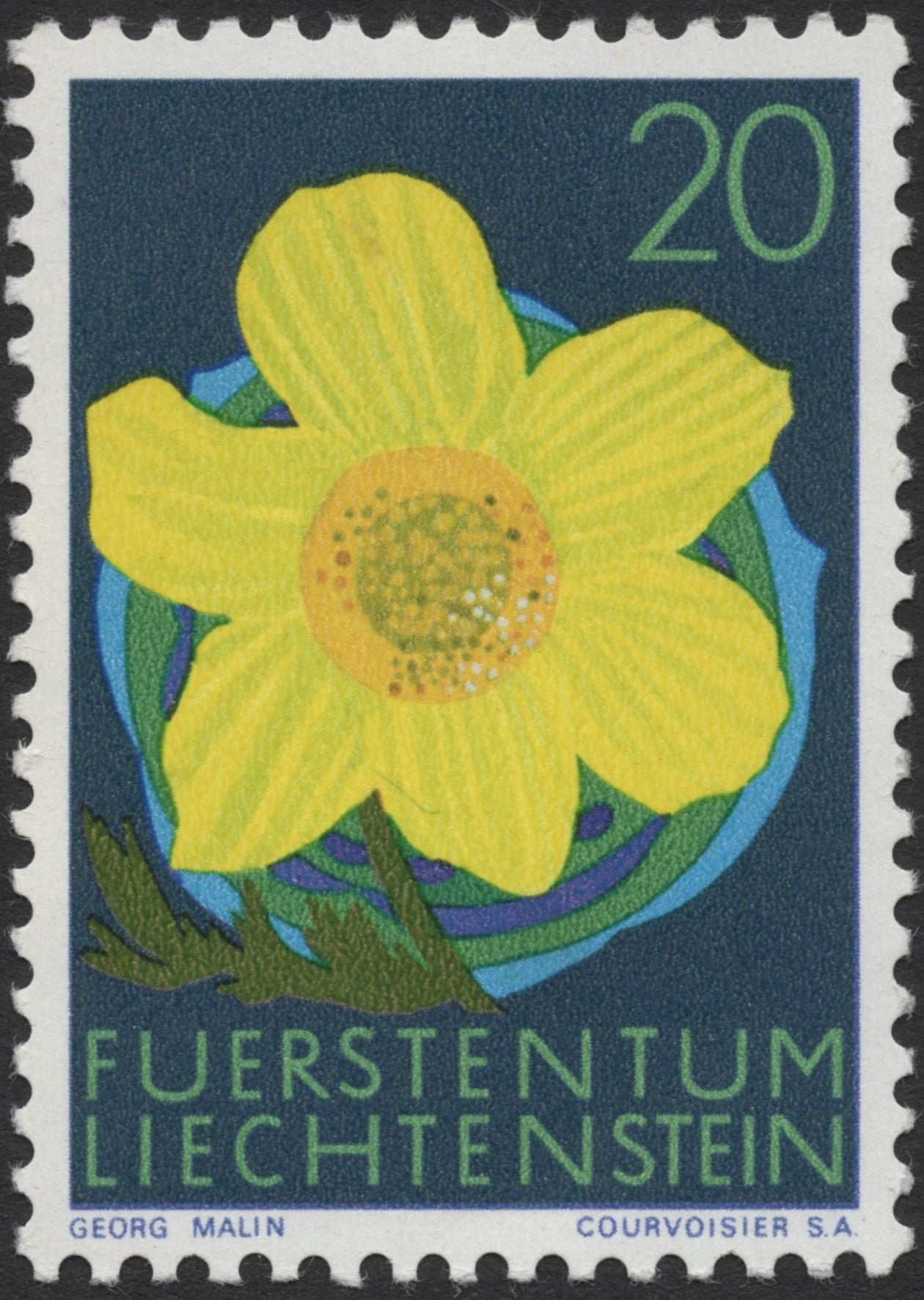 SCG1386 - Liechtenstein 20 Rp Yellow Alpine Flower Stamp – Georg Malin Design