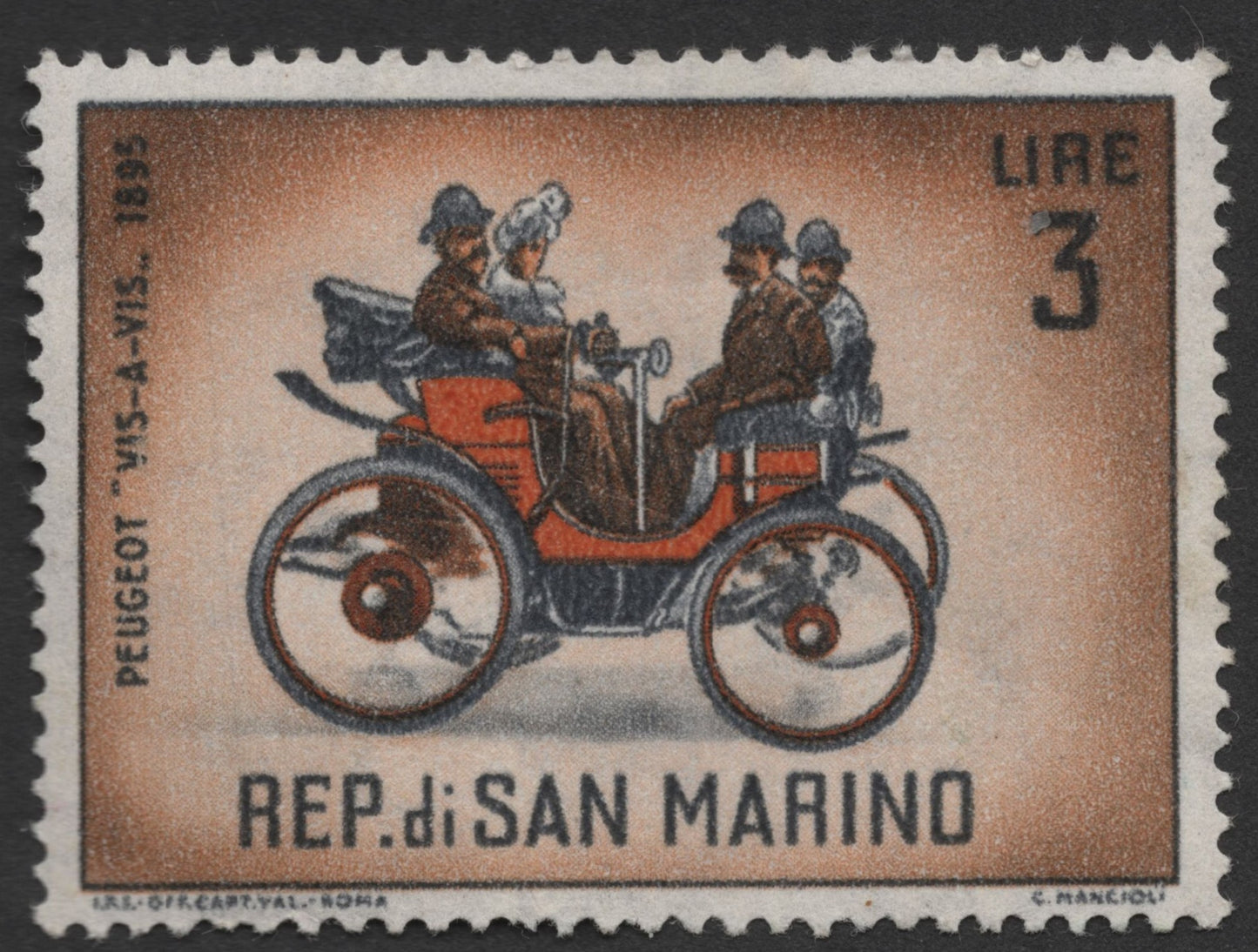 SCG1481 - San Marino 3 Lire – 1895 Peugeot Vis-à-Vis Vintage Car