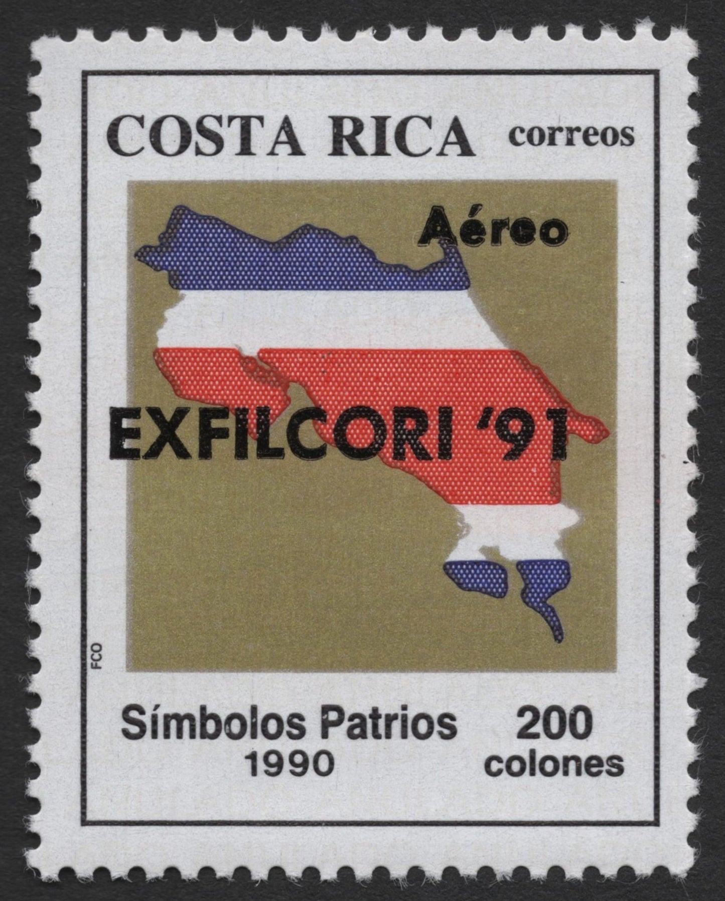 SCG1899 - 1991 Costa Rica Airmail – EXFILCORI Overprint on Patriotic Symbols Stamp (200 Colones)