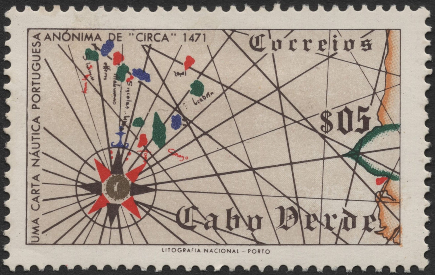 SCG2238 - Cabo Verde 5$00 Portuguese Nautical Chart Stamp (Map of 1471)